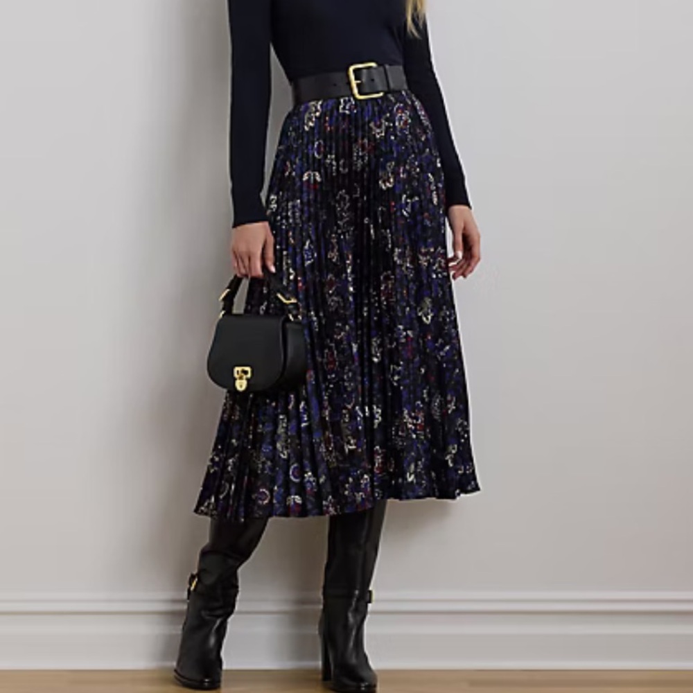Lauren Ralph Lauren Floral Pleated Satin Charmeuse Skirt Size 16 NEW